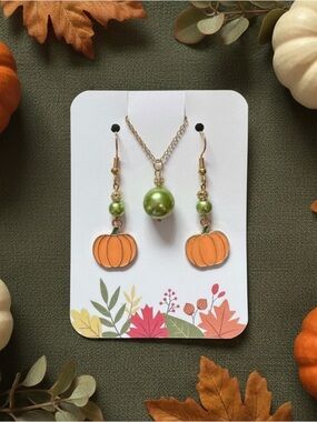 New Handmade Gold-Tone Pumpkin & Olive-Colored Pearl Bead Set Jewelry Set
